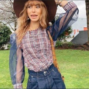 New ZARA Blue Red Tweed Sheer Puff Sleeve Blouse